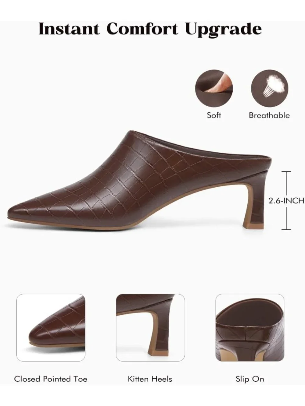 Women's Brown Leather Kitten Heels Mules Closed Pointed Toe Pumps Slip On Shoes